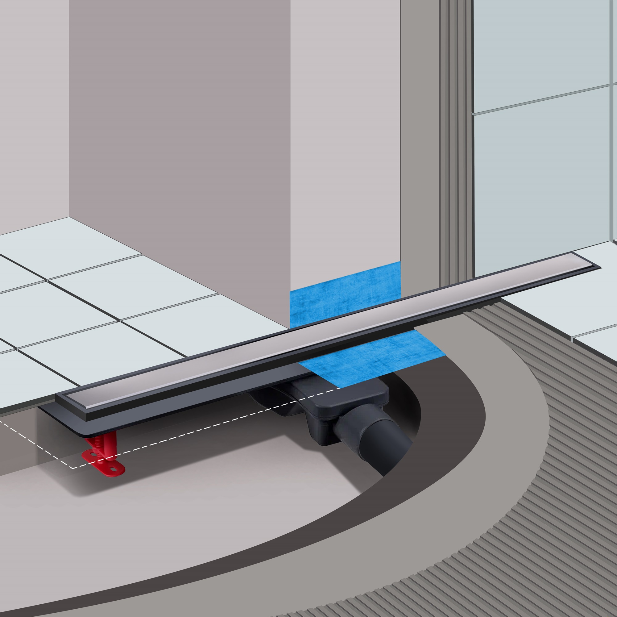 Желоб berges водосток напольный optim line plus 800, рамка решетка нержавеющая сталь, хром глянец, s-сифон d50 h60 горизонтальный