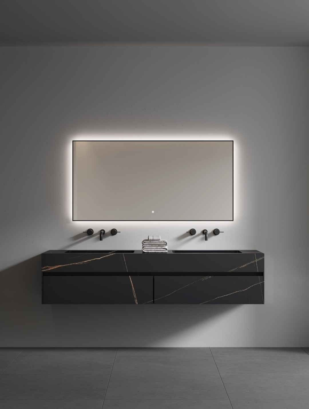 Прямоугольное зеркало , мет. рама, подсв., сенсор, антизапотевание, 140*70 black