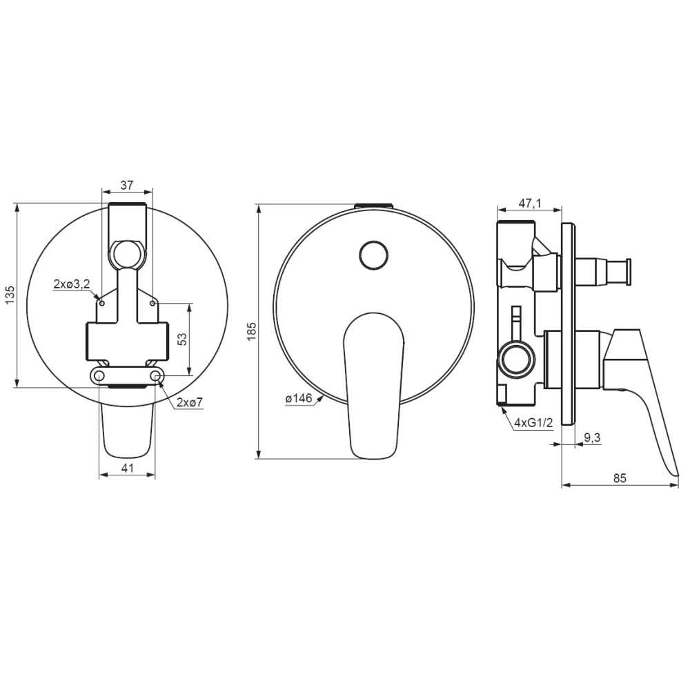 777100000 Jupiter, смеситель монтируемый в стену ванной - душевой, хром