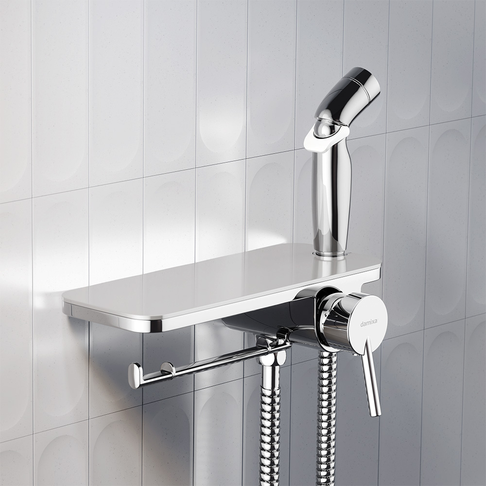 773500001 Jupiter, смеситель монтируемый в стену с гиг. душем и полкой, хром