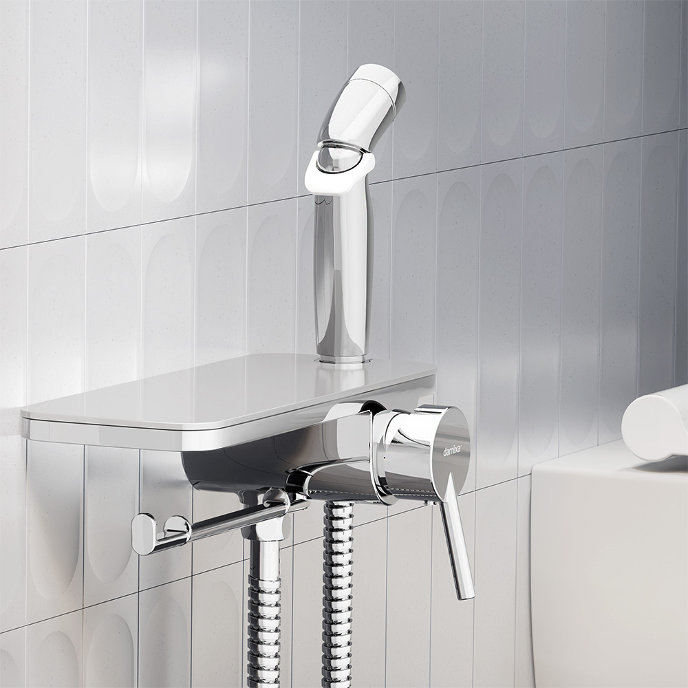 773500001 Jupiter, смеситель монтируемый в стену с гиг. душем и полкой, хром