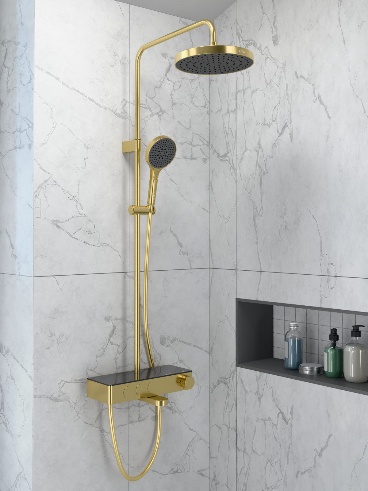 Душевая система VitrA Core Round A4730925EXP с термостатическим смесителем и ручным душем брашированное золото