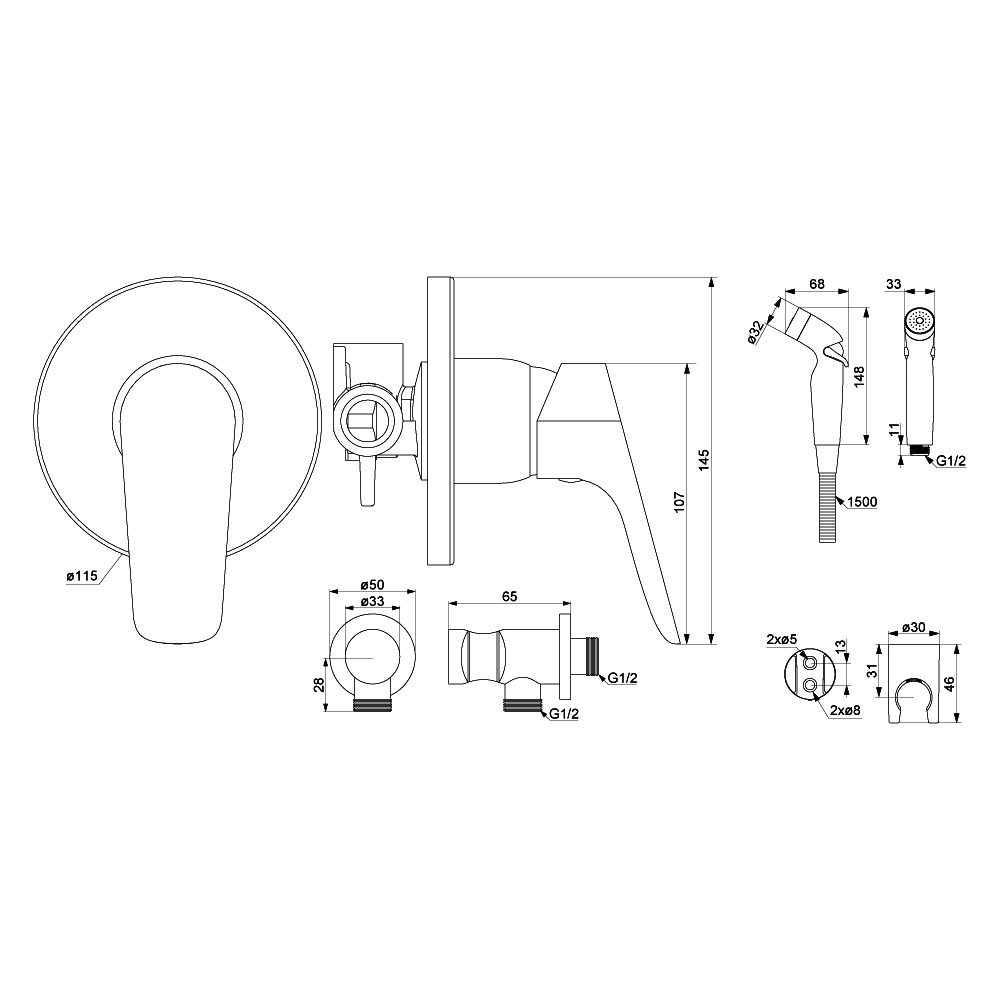777510001 Jupiter, смеситель монтируемый в стену с гиг. душем, хром