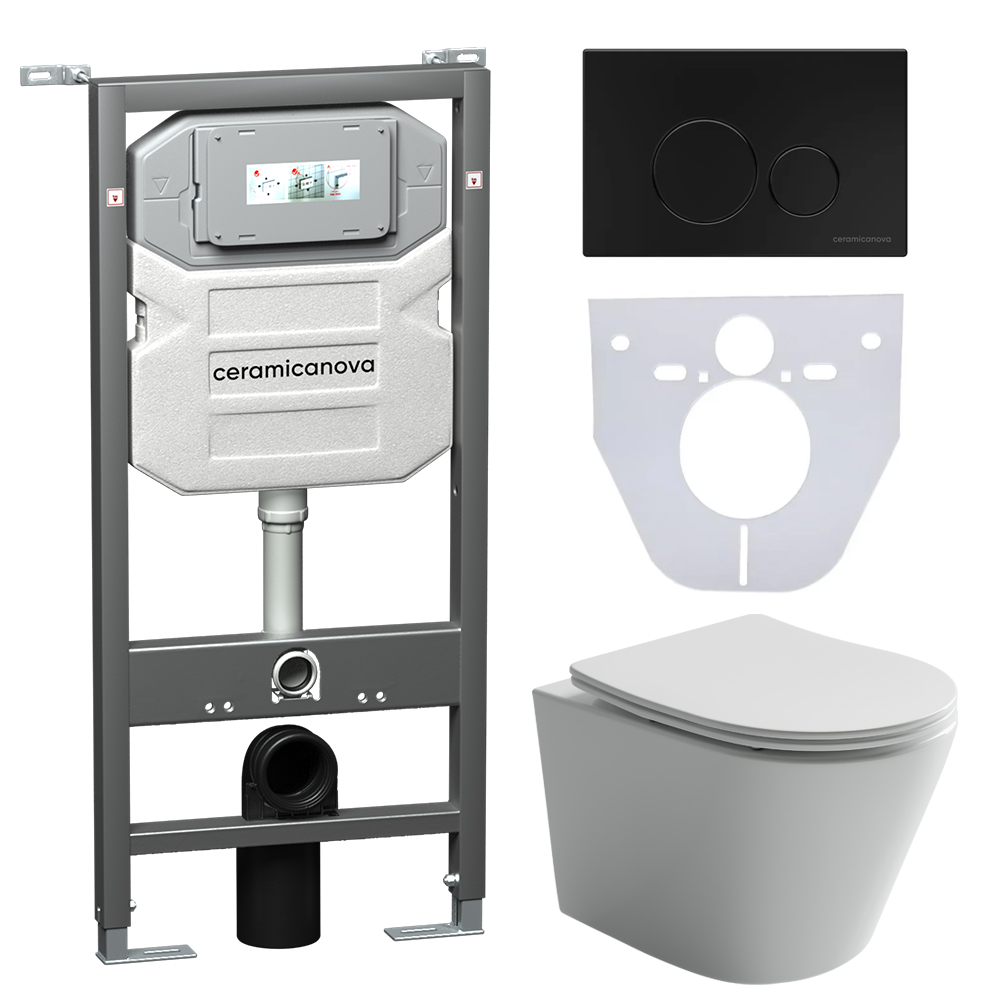 Сет 4 в 1: подвесной унитаз balearica rimless арт. cn6000 + шумоизоляционная панель для инсталляции арт. cn1000 + система инсталляции для унитазов ceramicanova envision с кнопкой смыва round цвет черный матовый и креплениями, арт. cn1001b
