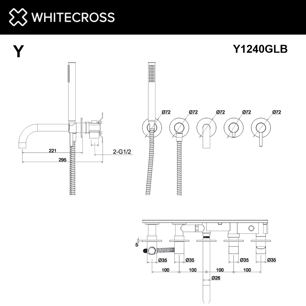 Смеситель для ванны скрытого монтажа whitecross y y1240glb (брашированное золото)