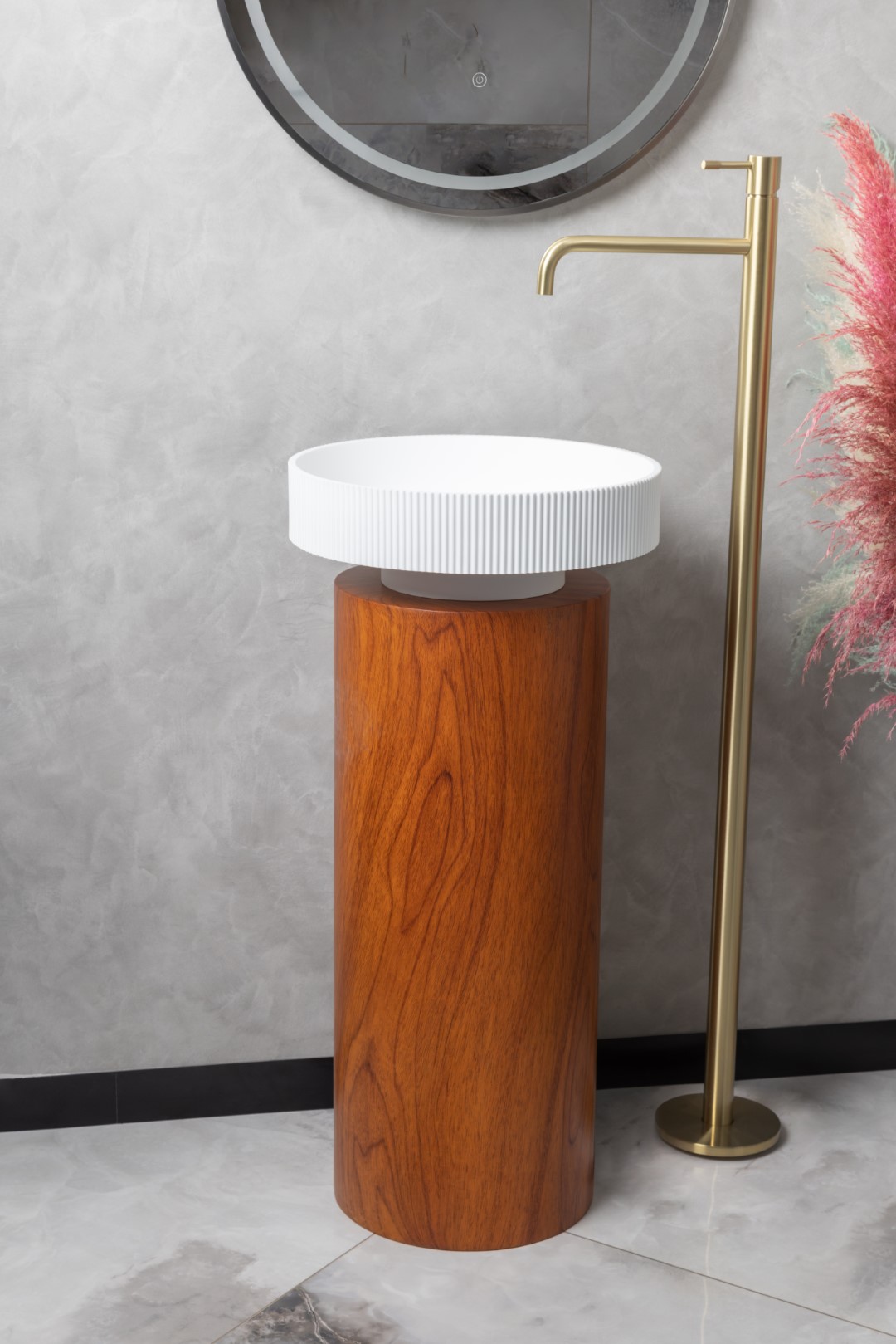 Раковина накладная рифленая SOLE Corian 400*130 Matte white + Пьедестал для раковины Corian 300*720 Red Wood