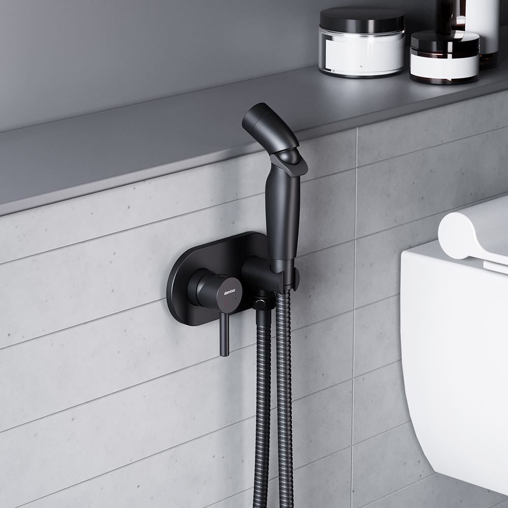 212000300 Option, смеситель монтируемый в стену, с гиг. душем, чёрный