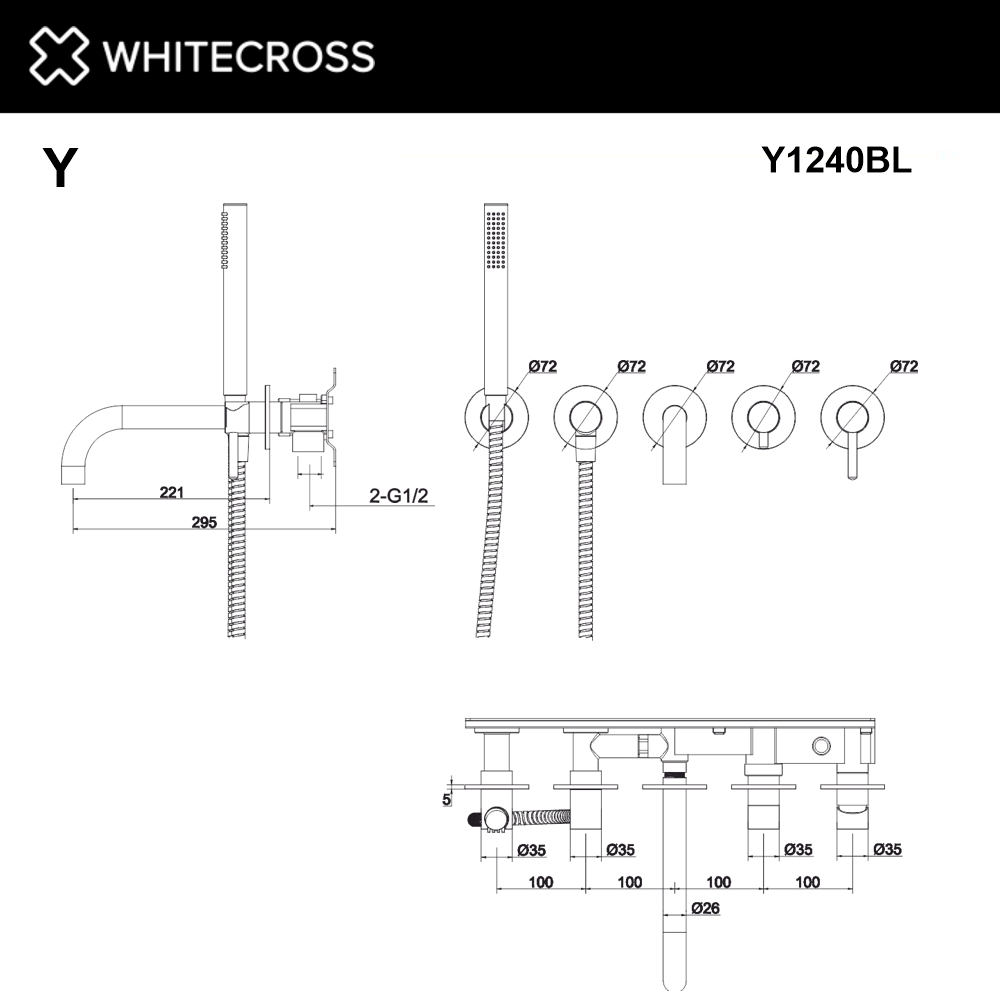 Смеситель для ванны скрытого монтажа whitecross y y1240bl (черный мат)