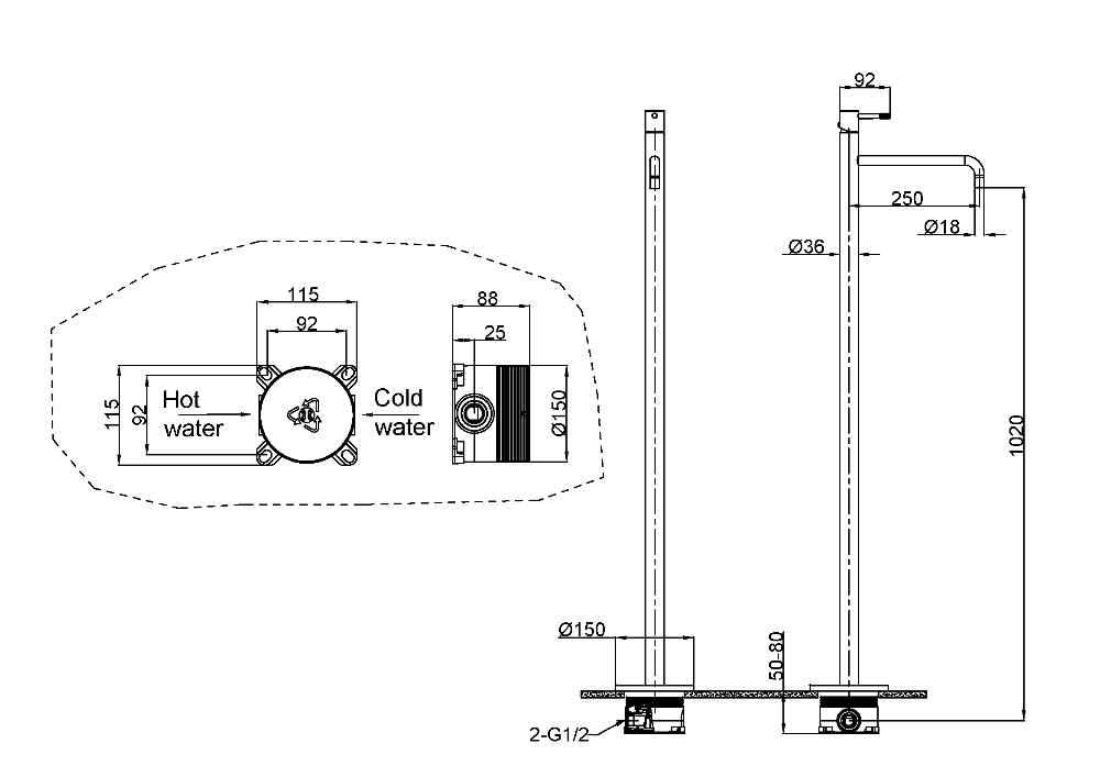 Смеситель для умывальника напольный uno nickel brush