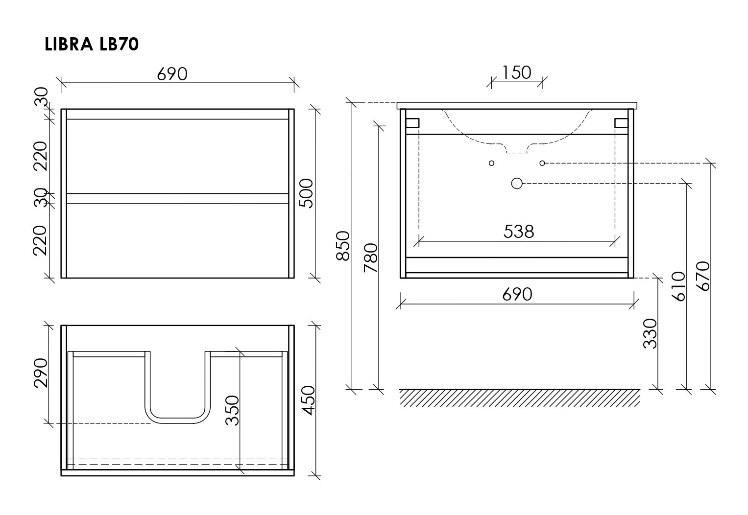 Тумба подвесная sancos libra 690х450х500, c двумя ящиками оснащенными доводчиками, дуб чарльстон, арт. lb70ech