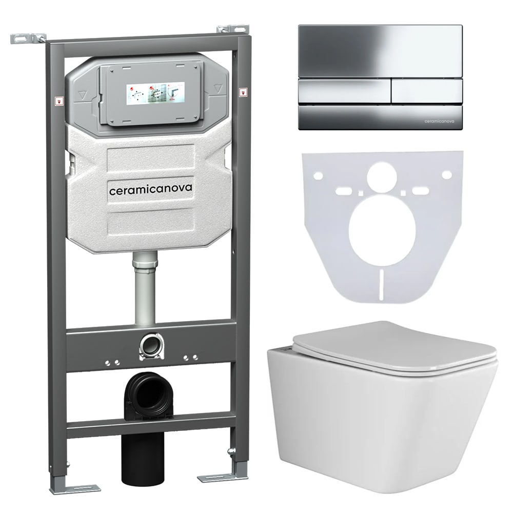Сет 4 в 1: подвесной унитаз metric rimless арт. cn3007 + шумоизоляционная панель для инсталляции арт. cn1000 + система инсталляции для унитазов ceramicanova envision с кнопкой смыва flat цвет хром, креплениями, арт. cn1002ch