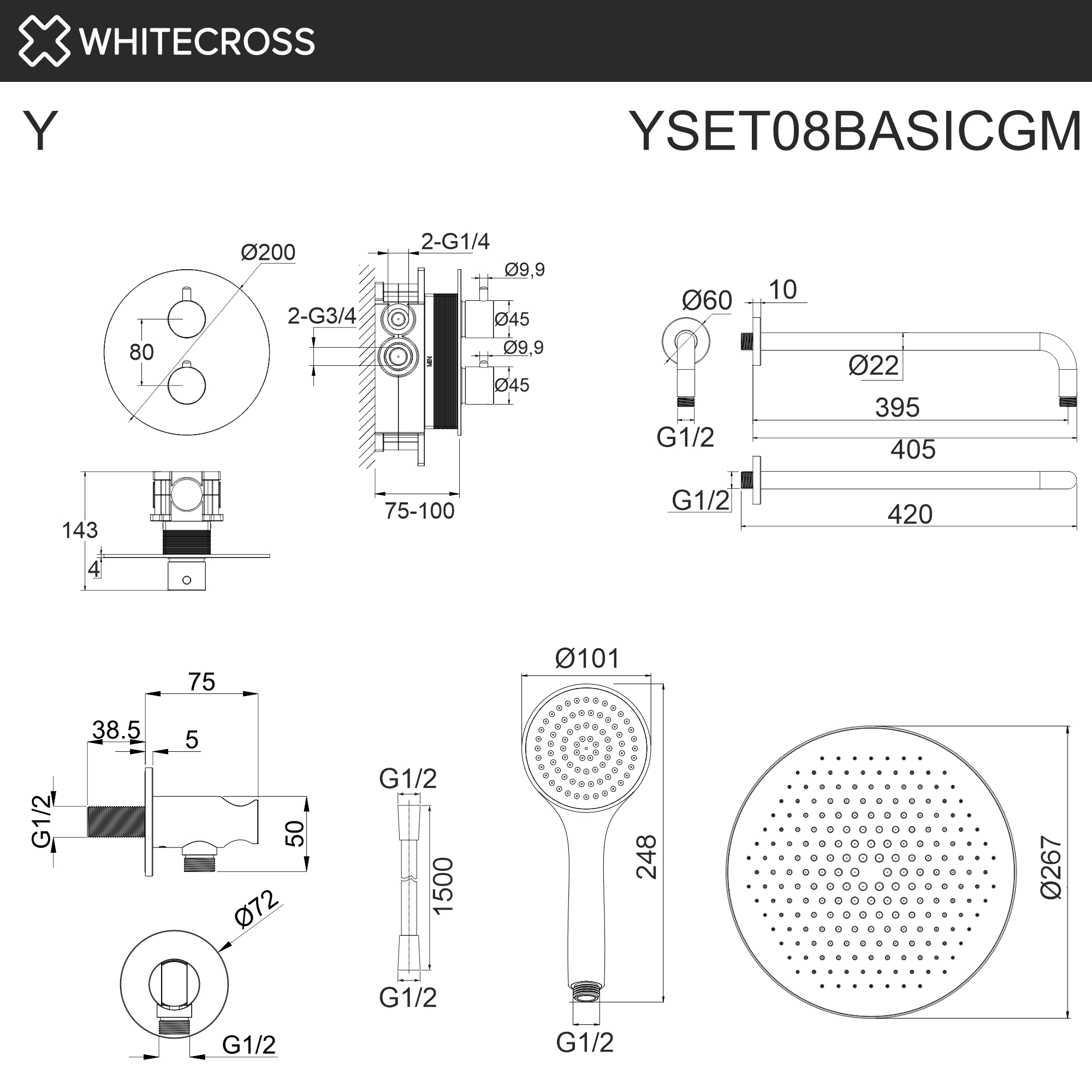 Термостатическая душевая система скрытого монтажа WHITECROSS YSET08BASICGM (оружейная сталь)