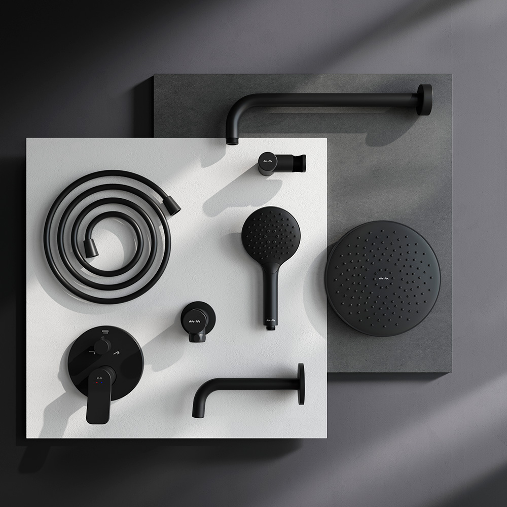 FB85A3RH32 X-Joy, набор: встроеный см-ль, излив, верхний душ 220 мм, ручн.душ, черный