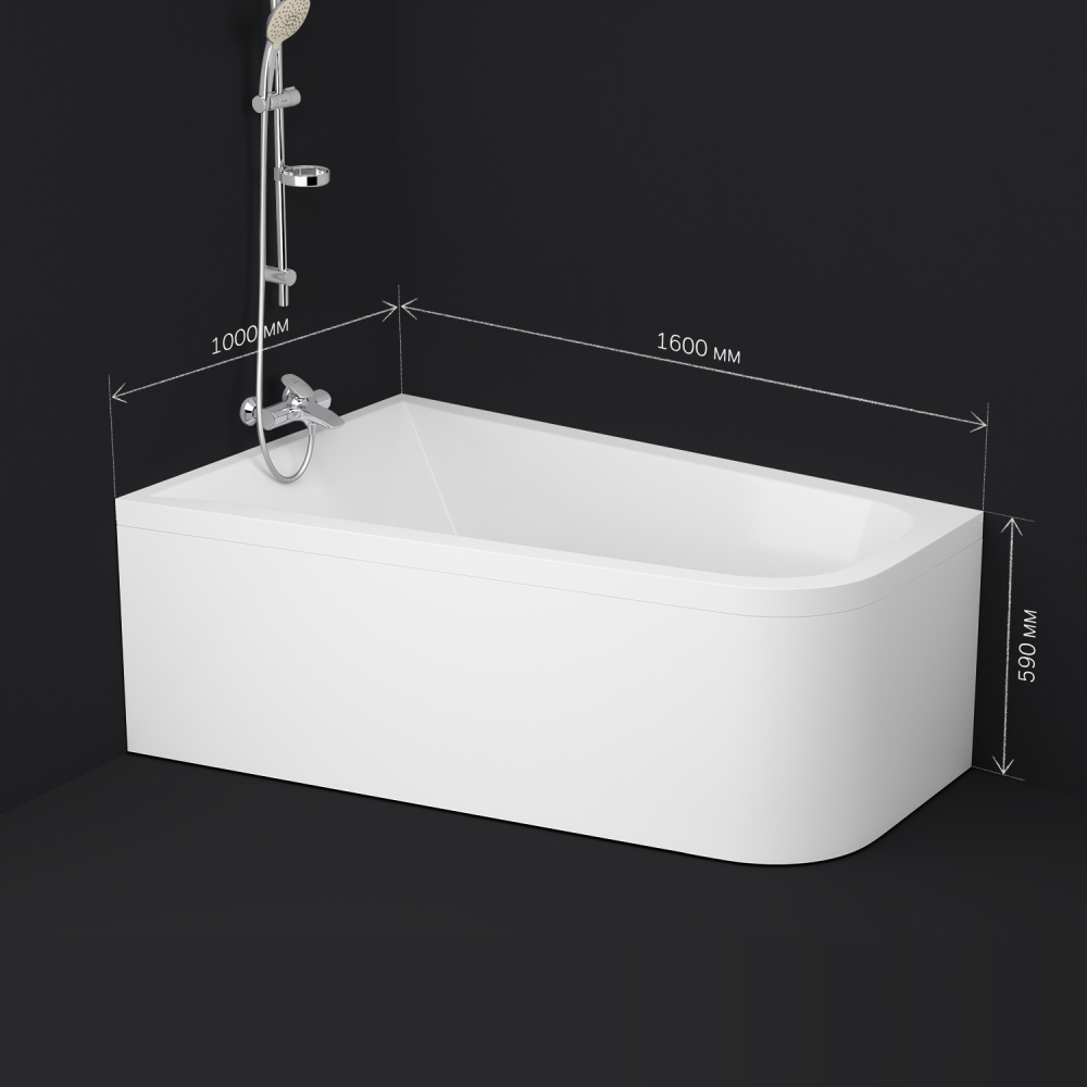 W72A-160L100W-A2 Ванна акриловая spirit  ассиметричная 160x100, без слива/перелива, левосторонняя