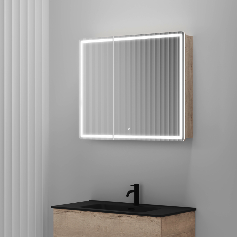 Зеркальный шкаф для ванной комнаты sancos mirror 890x150х740 мм, с led подсветкой, цвет дуб галифакс натуральный, арт. mi90eg