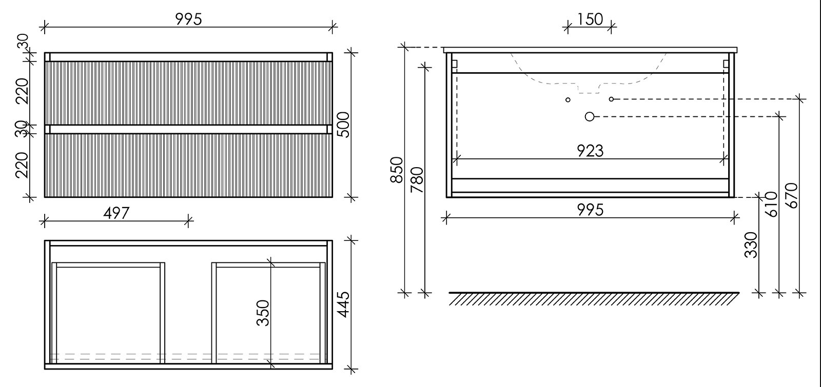Тумба подвесная sancos snob r 995х445х500, c двумя ящиками оснащенными доводчиками, doha soft, арт.snr100sm