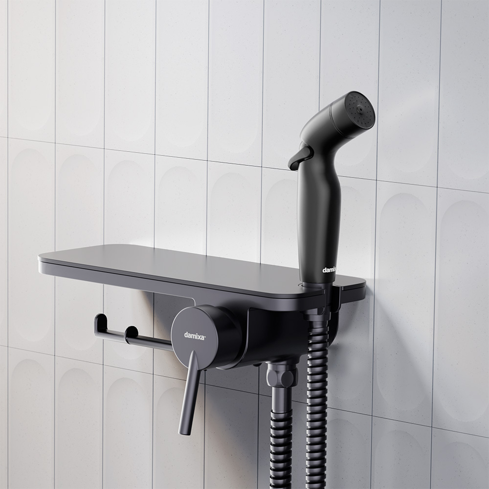 773500301 Jupiter, смеситель монтируемый в стену с гиг. душем и полкой, черный