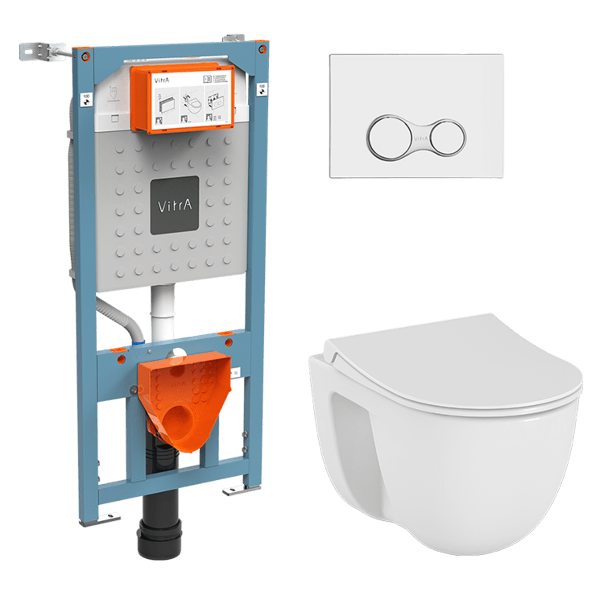 Инсталляция с унитазом VitrA S40 9860B003-7200 комплект 4 в 1 с сиденьем микролифт безободковый цвет клавиши глянцевый хром
