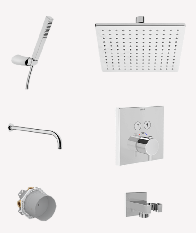 Душевой комплект, vitra, square, смеситель-в комплекте, монтаж смесителя-настенный встраиваемый, тип открывания воды-вентильный, тип регулирования воды-термостатический картридж, внутренняя часть-в комплекте, верхний душ-есть, форма верхнего душа-квадратн