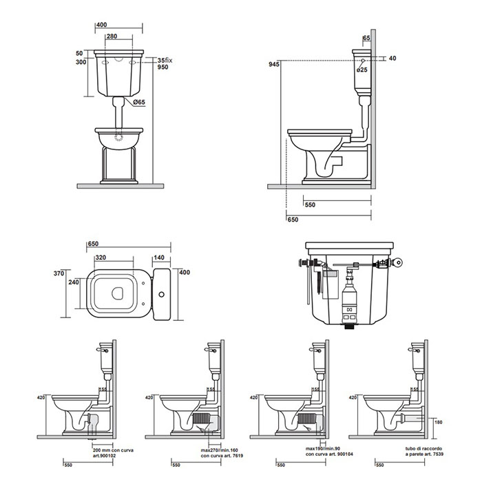 Унитаз напольный Kerasan Waldorf  65х37см бачок с кнопкой и трубой белый глянцевый крышка сиденье белый/петли хром