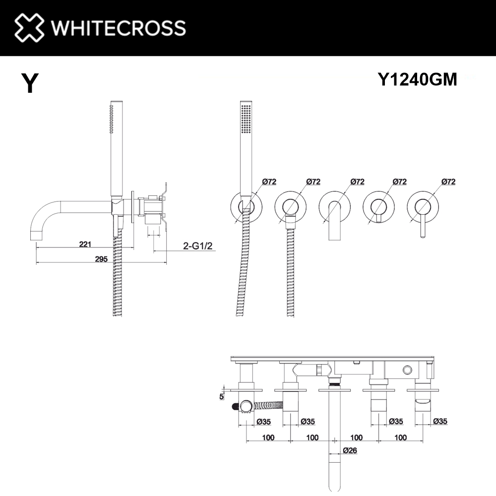 Смеситель для ванны скрытого монтажа whitecross y y1240gm (оружейная сталь)