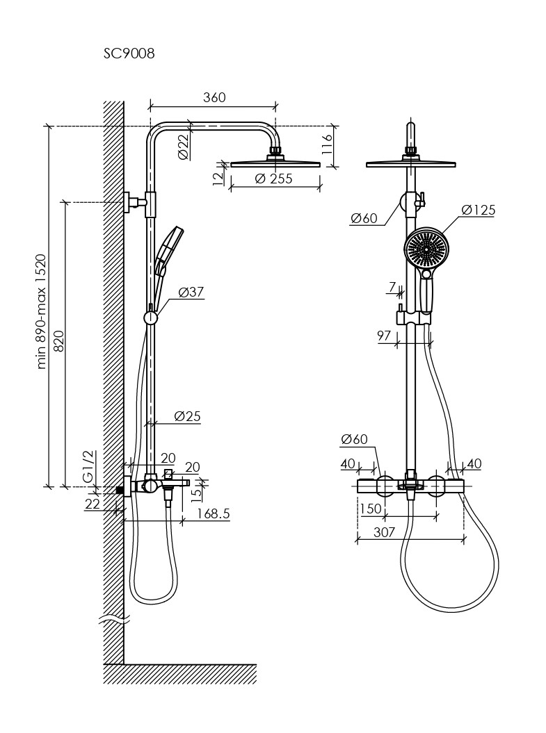 Душевая стойка с термостатом и изливом SANCOS Etna, брашированный никель, PVD покрытие, арт. SC9008BN