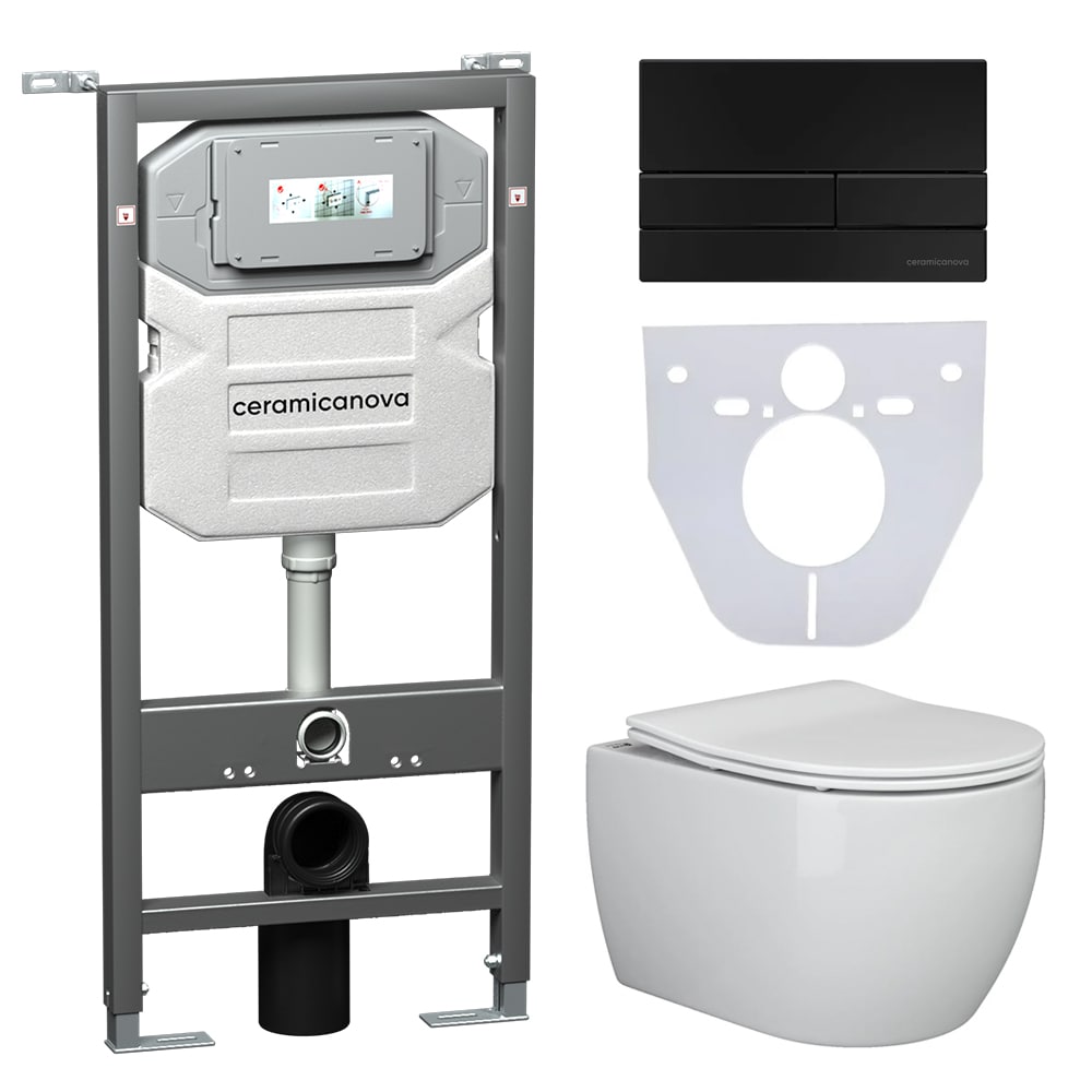 Сет 4 в 1: подвесной унитаз play rimless арт. cn3001 + шумоизоляционная панель для инсталляции арт. cn1000 + система инсталляции для унитазов ceramicanova envision с кнопкой смыва flat цвет черный матовый, креплениями, арт. cn1002b