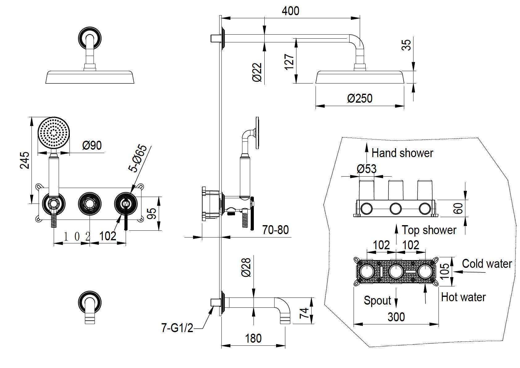 Смеситель встроенный + верхний + ручной душ + излив, boheme eterna brushed bronze