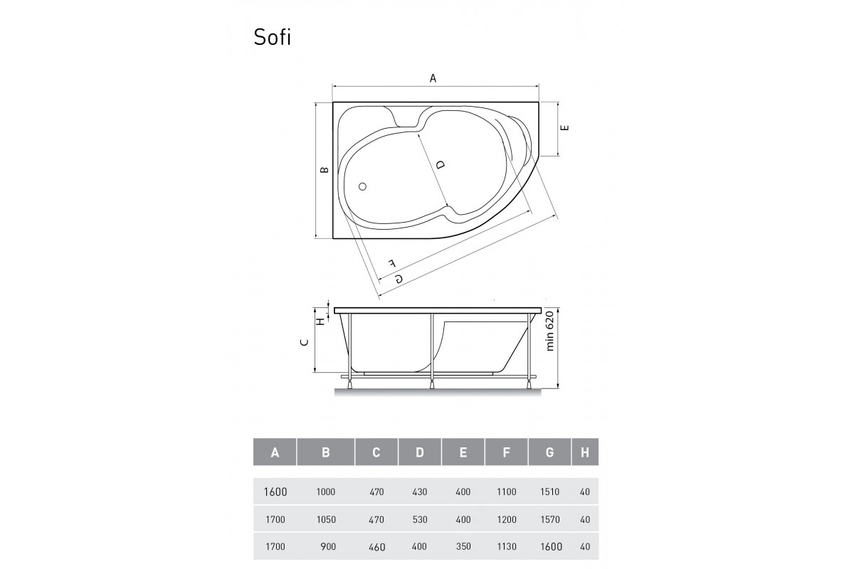 Ванна акриловая левосторонняя Relisan SOFI Гл000024565, 160x100