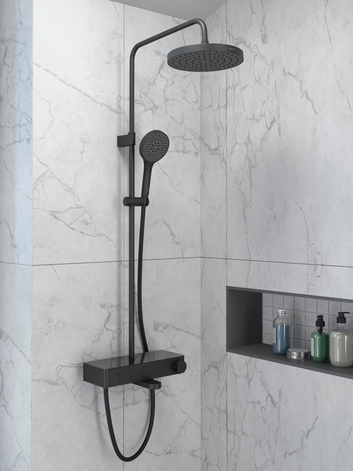 Душевая система VitrA Core Round A4730936EXP с термостатическим смесителем и ручным душем матовая черная