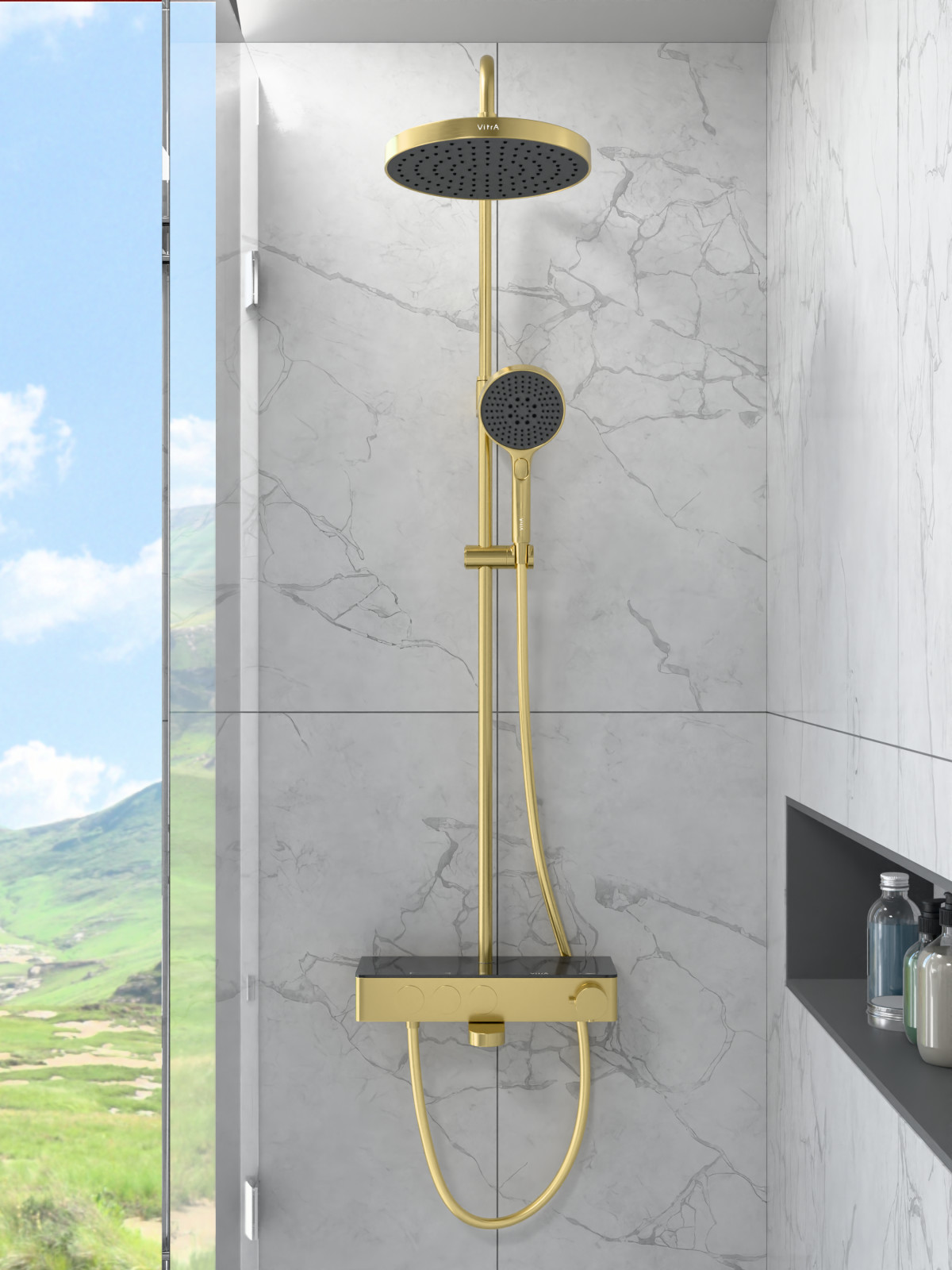 Душевая система VitrA Core Round A4730925EXP с термостатическим смесителем и ручным душем брашированное золото