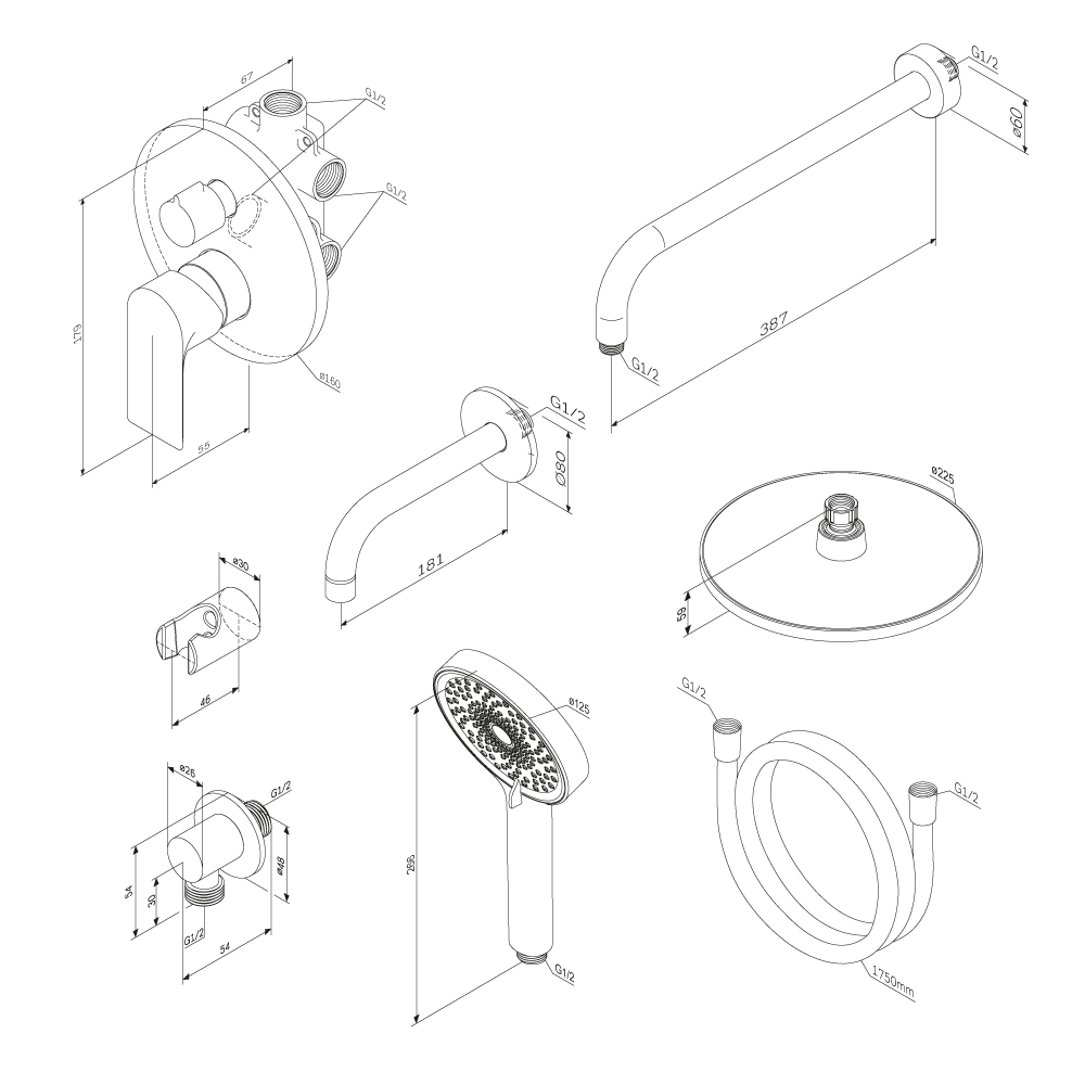 947510000 Apollo встраиваемая душевая система с ванно-душевым смесителем и изливом, хром
