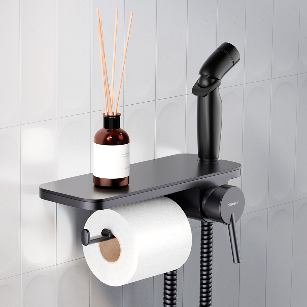 773500301 Jupiter, смеситель монтируемый в стену с гиг. душем и полкой, черный