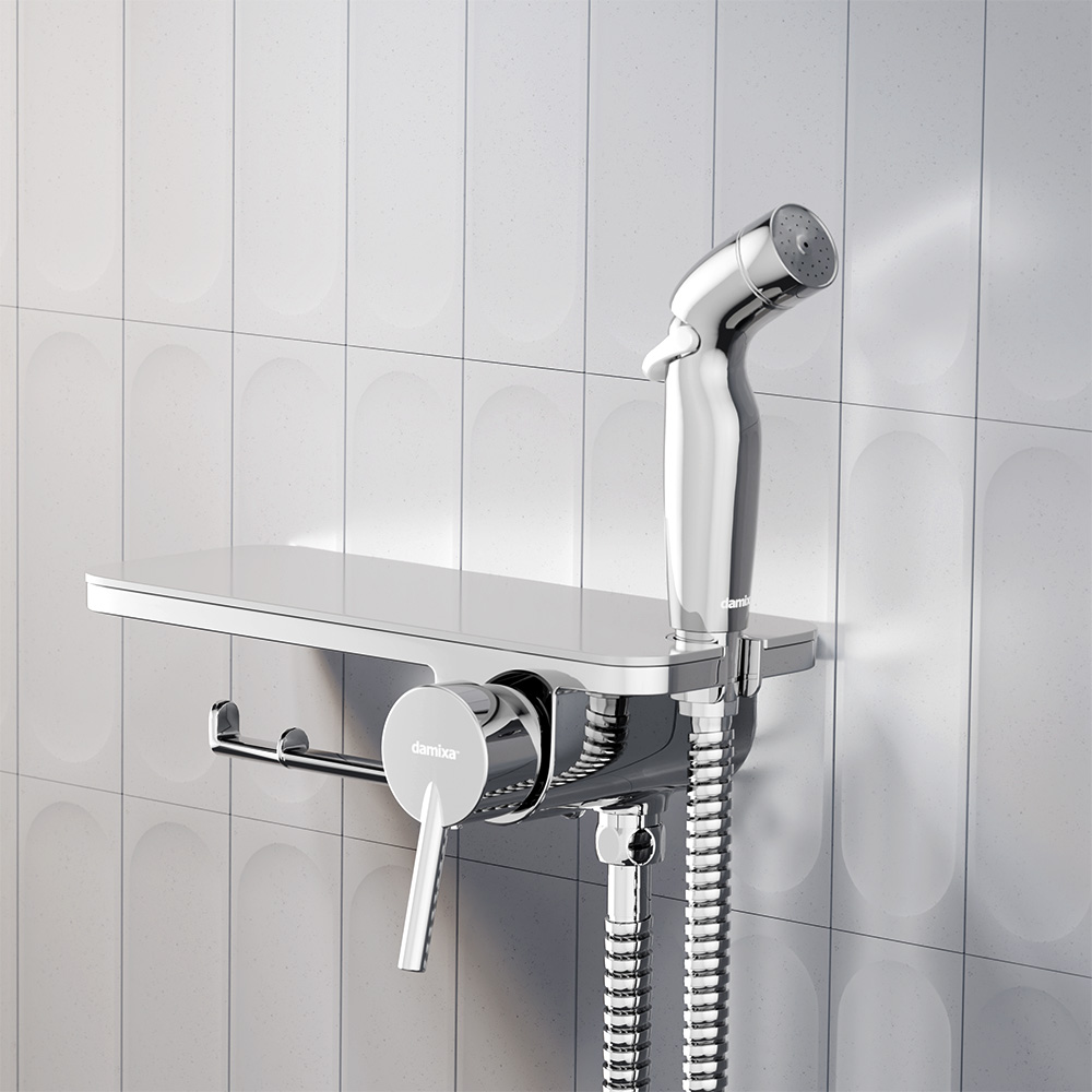 773500001 Jupiter, смеситель монтируемый в стену с гиг. душем и полкой, хром