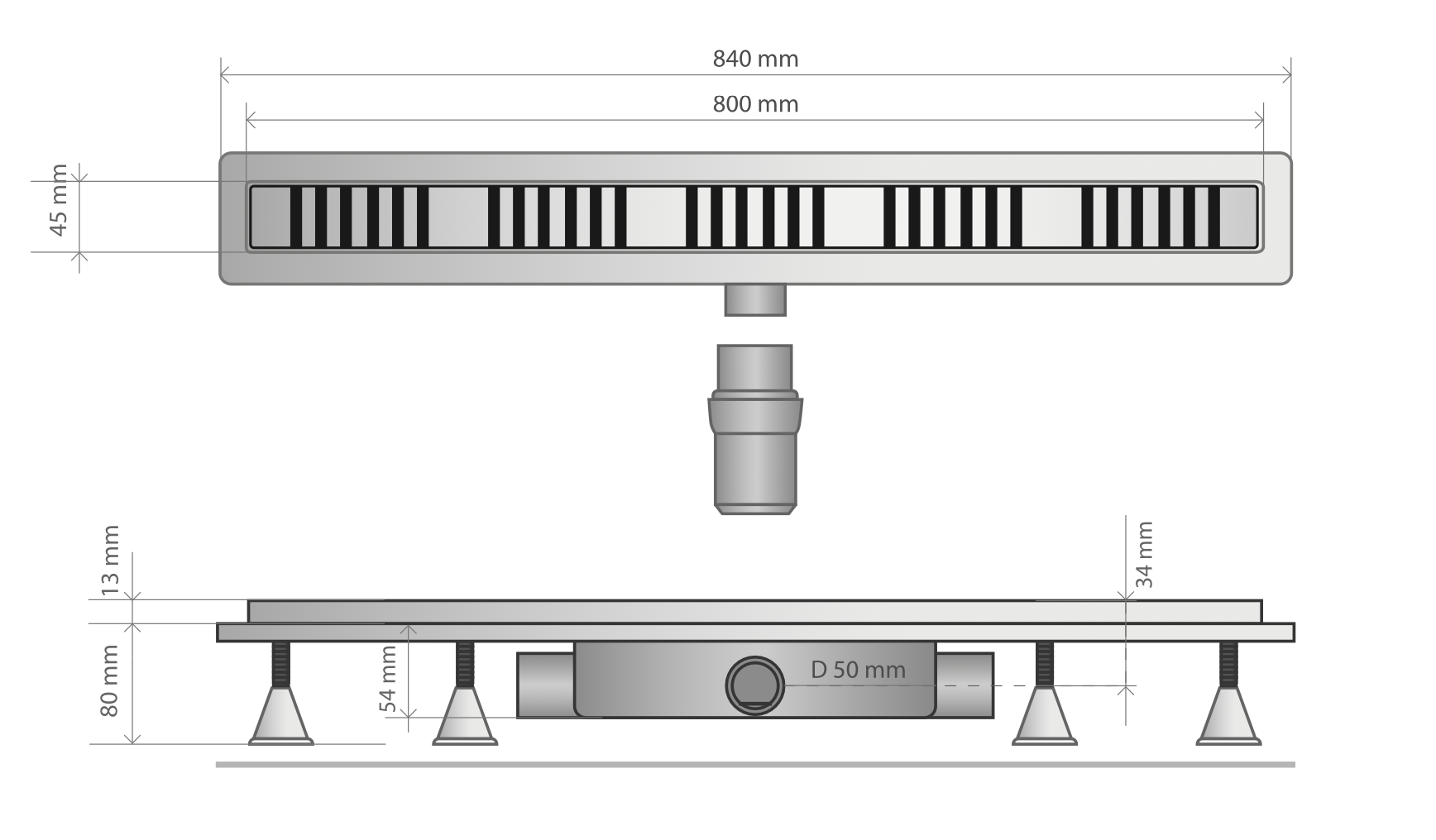 Дренажный канал 80 см, сухой затвор, abs, горизонтальный выход omp tea basicflow 4943.276.8