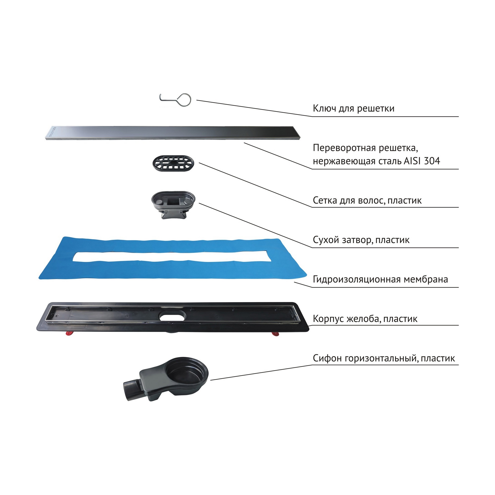 Желоб berges водосток напольный optim line plus 500, рамка решетка нержавеющая сталь, хром глянец, s-сифон d50 h60 горизонтальный