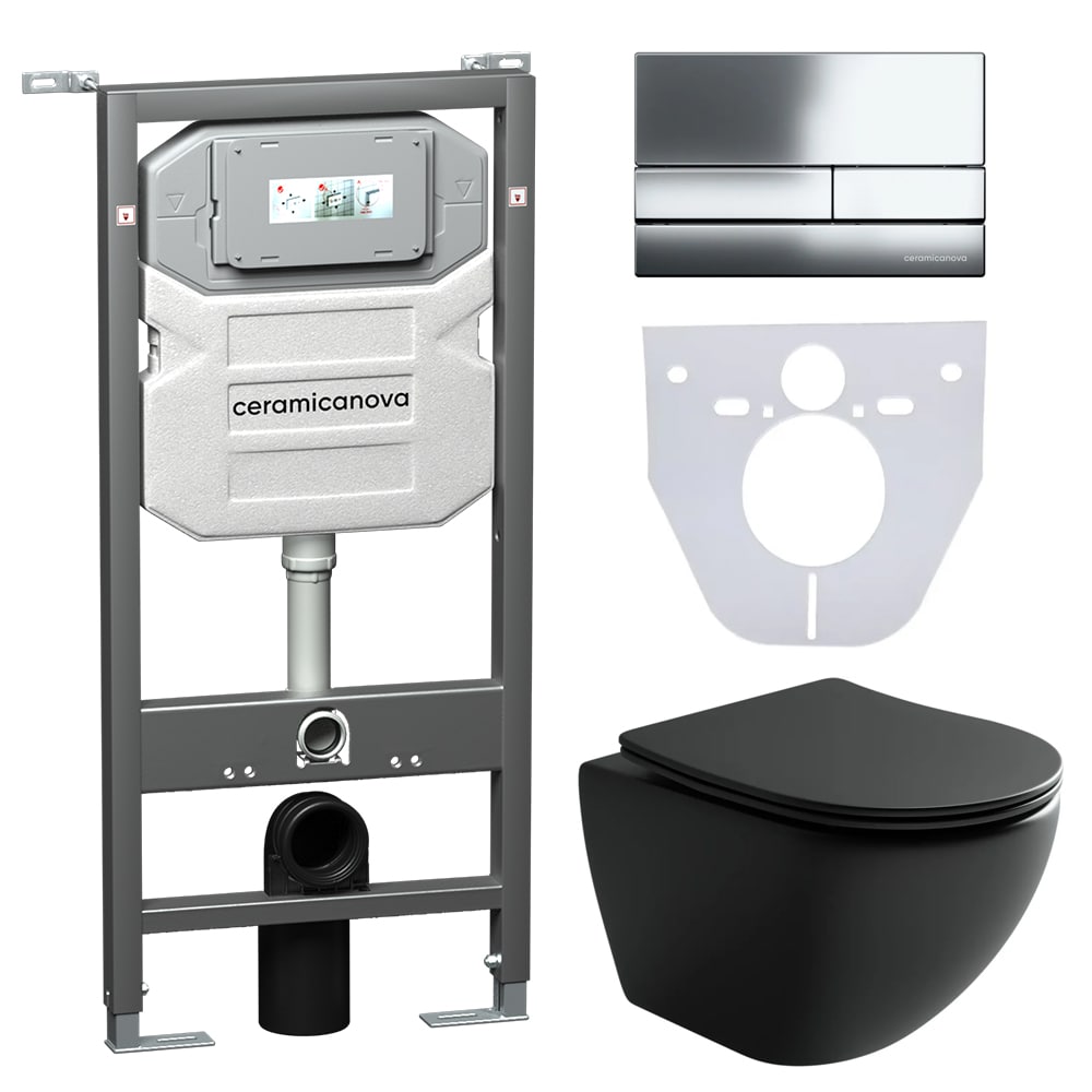 Сет 4 в 1: подвесной унитаз metropol rimless арт. cn4002mb + шумоизоляционная панель для инсталляции арт. cn1000 + система инсталляции для унитазов ceramicanova envision с кнопкой смыва flat цвет хром, креплениями, арт. cn1002ch