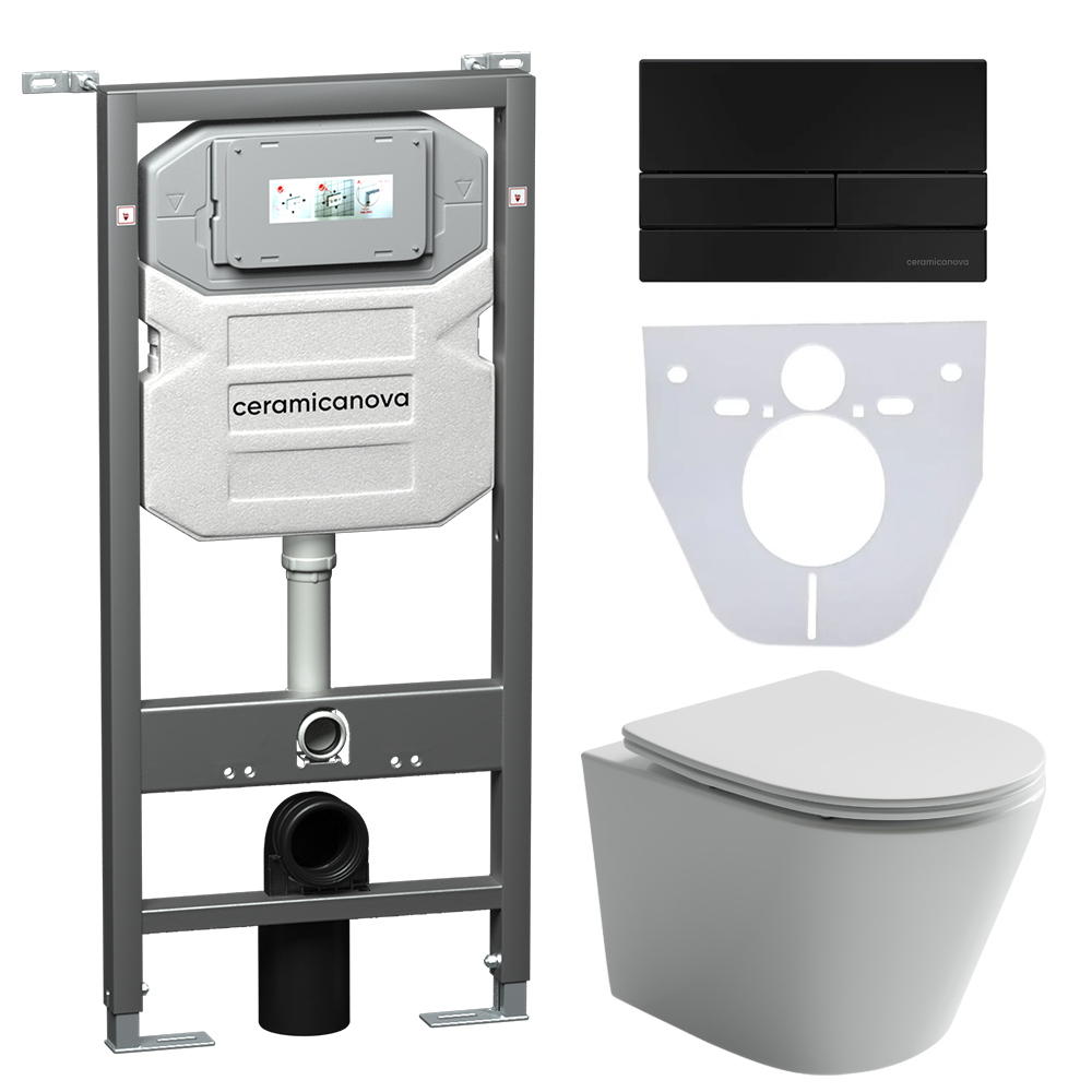 Сет 4 в 1: подвесной унитаз balearica rimless арт. cn6000 + шумоизоляционная панель для инсталляции арт. cn1000 + система инсталляции для унитазов ceramicanova envision с кнопкой смыва flat цвет черный матовый, креплениями, арт. cn1002b