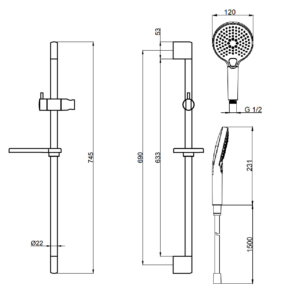 Aqm8101cr душевой гарнитур h=790мм, ø120 мм, 3 режима, мыльница, шланг 1500мм, хром