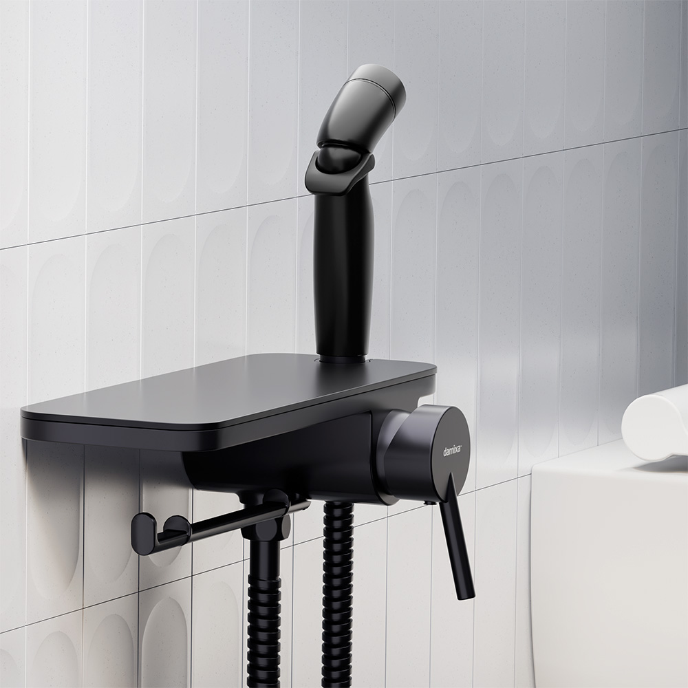 773500301 Jupiter, смеситель монтируемый в стену с гиг. душем и полкой, черный