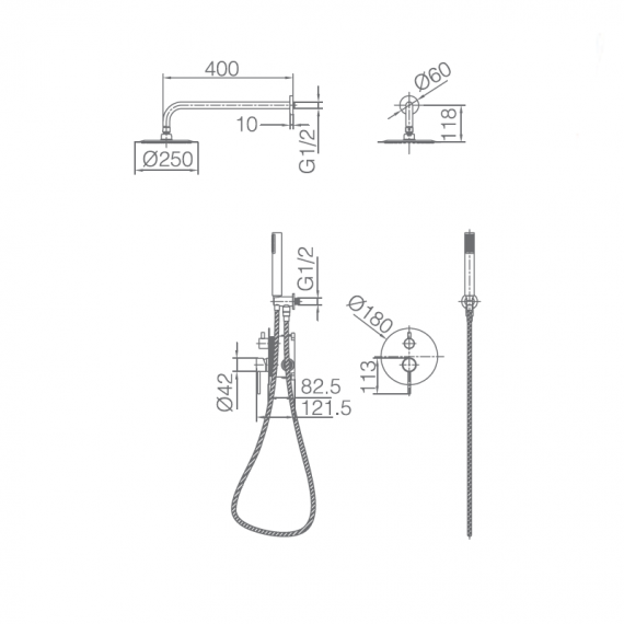 Смеситель для душа скрытого монтажа готовый комплект верхний душ ø25cм imex monza gpm039/bgm black gun metal pvd
