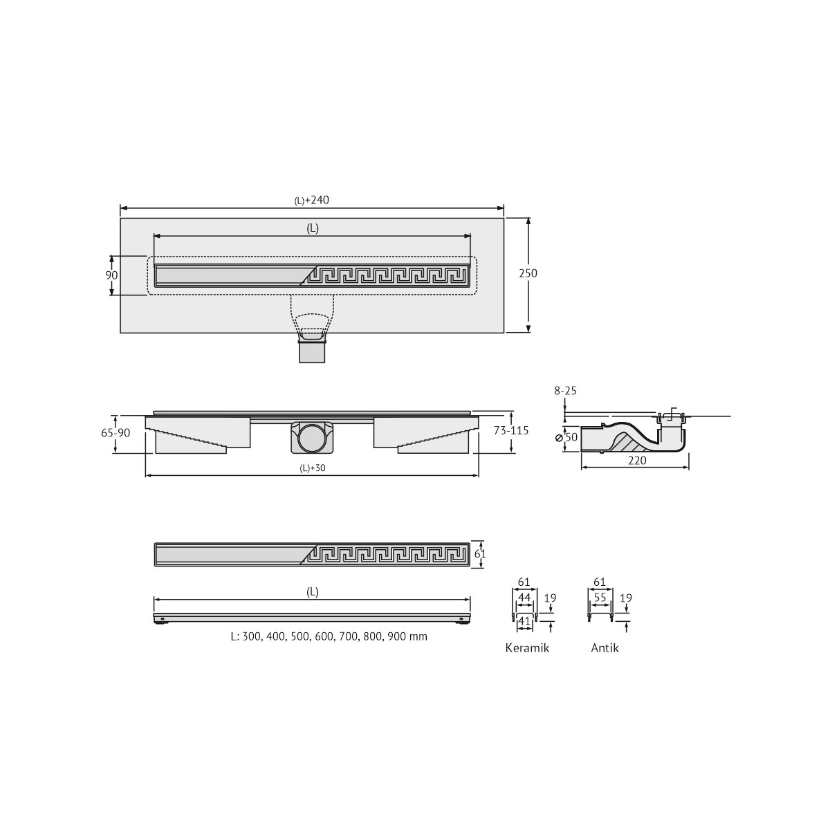 Желоб berges водосток в1 keramik 600, матовый хром, s-сифон d50 h60 боковой
