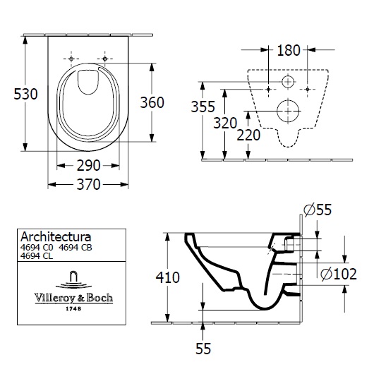 Унитаз, Villeroy&Boch, Architectura, подвесной, шгв 370*530*355, цвет-белый