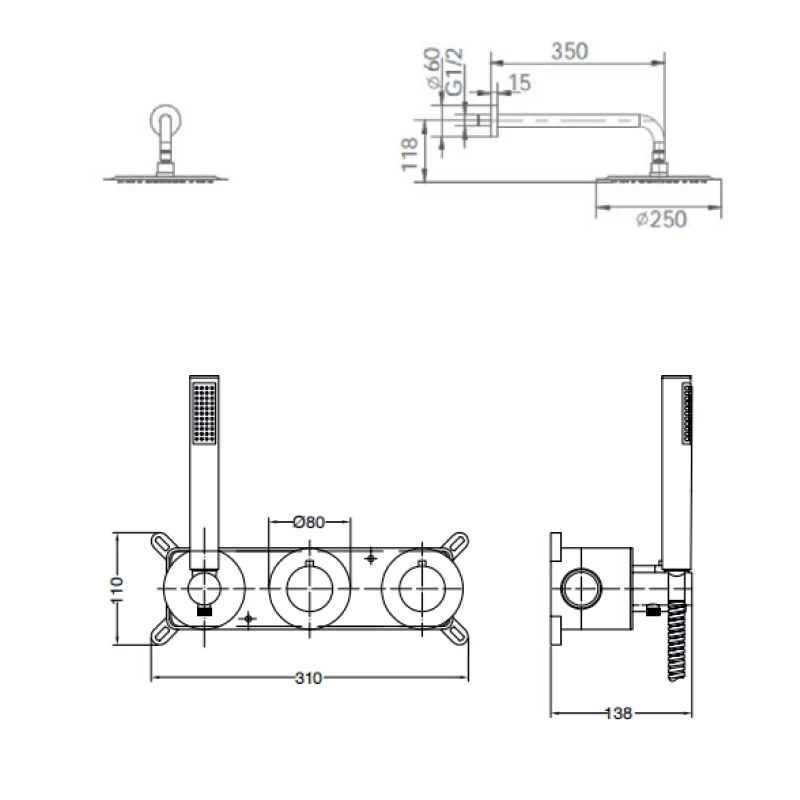 Смеситель для душа термостатический скрытого монтажа готовый комплект верхний душ ø25cm imex assen gta052/bgm black gun metal pvd