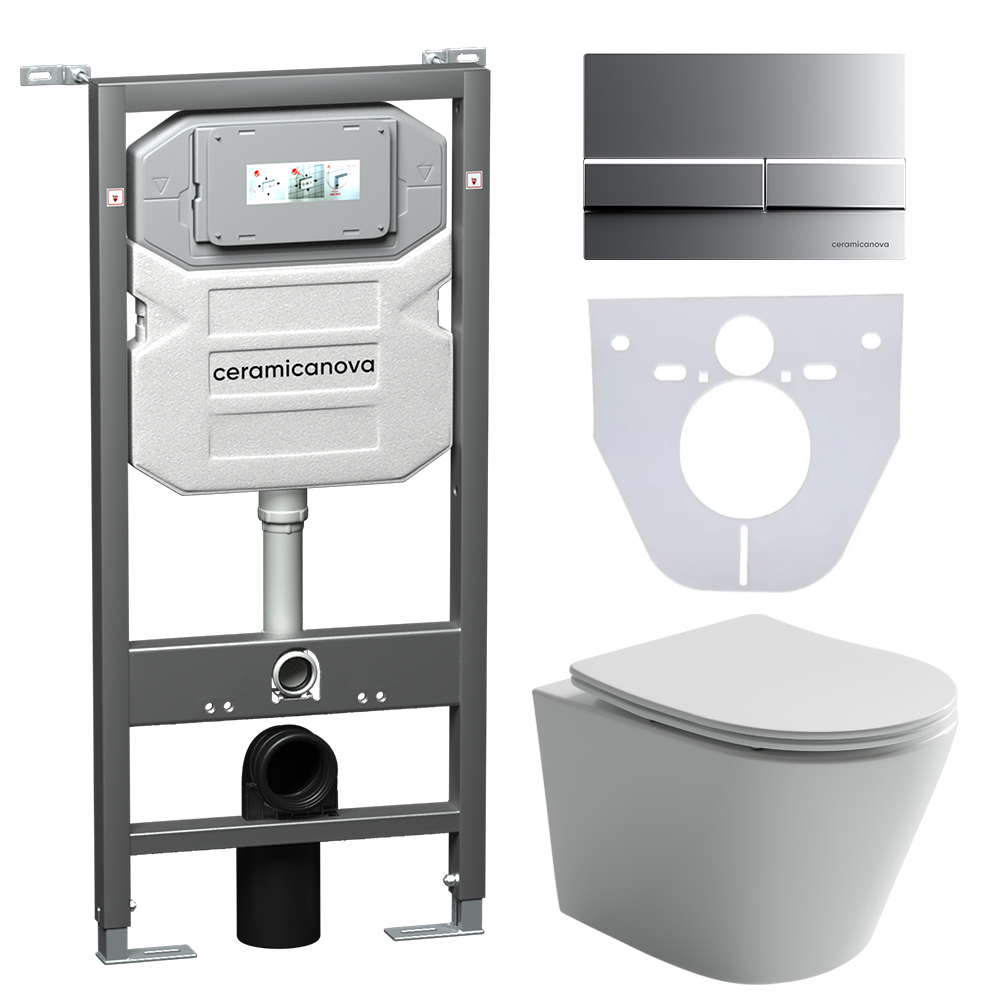 Сет 4 в 1: подвесной унитаз balearica rimless арт. cn6000 + шумоизоляционная панель для инсталляции арт. cn1000 + система инсталляции для унитазов ceramicanova envision с кнопкой смыва flat цвет хром матовый, креплениями, арт. cn1002m