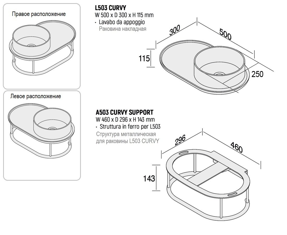 Раковина подвесная aet curvy на структуре, 50*30 см., с 1-м отверстием под смеситель, чаша слева, цвет серая голубка матовый l503tordv0130