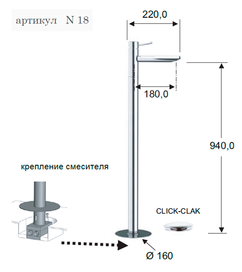 Смеситель для раковины напольный с донным клапаном minimal cr хром remer