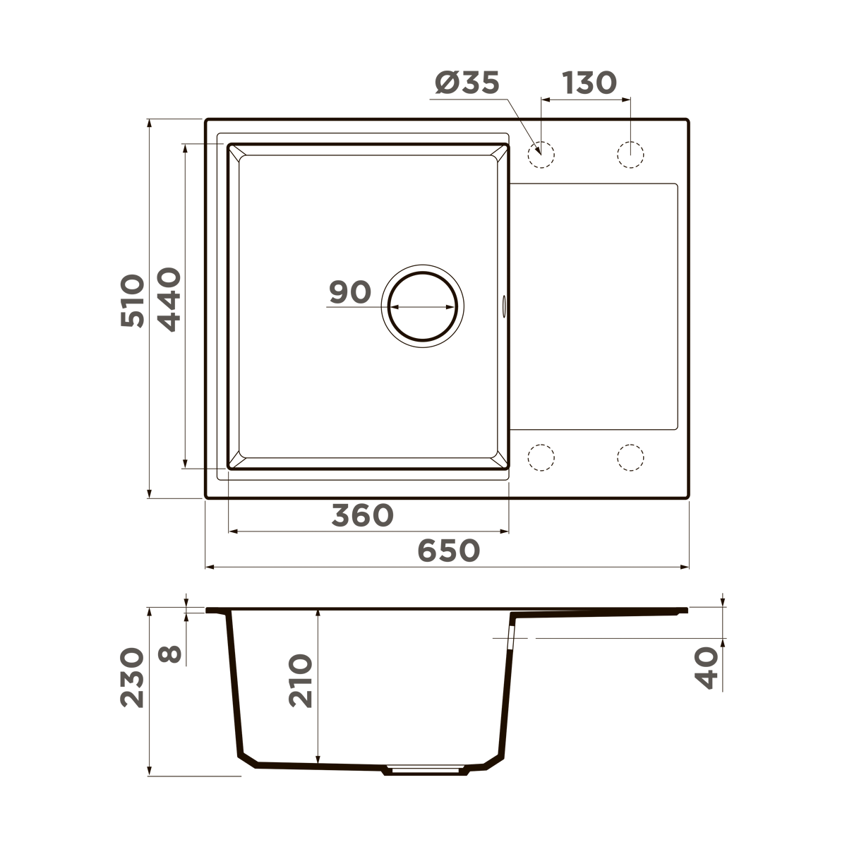 Кухонная мойка omoikiri daisen 65t-pl tetogranit/платина 650 x 510 x 210
