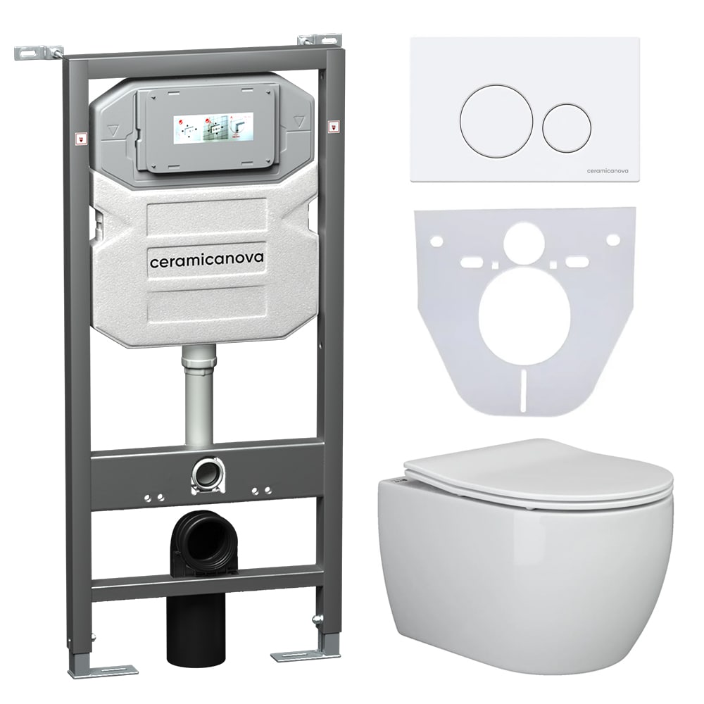 Сет 4 в 1: подвесной унитаз forma rimless арт. cn3009 + шумоизоляционная панель для инсталляции арт. cn1000 + система инсталляции для унитазов ceramicanova envision с кнопкой смыва round цвет белый и креплениями арт. cn1001w