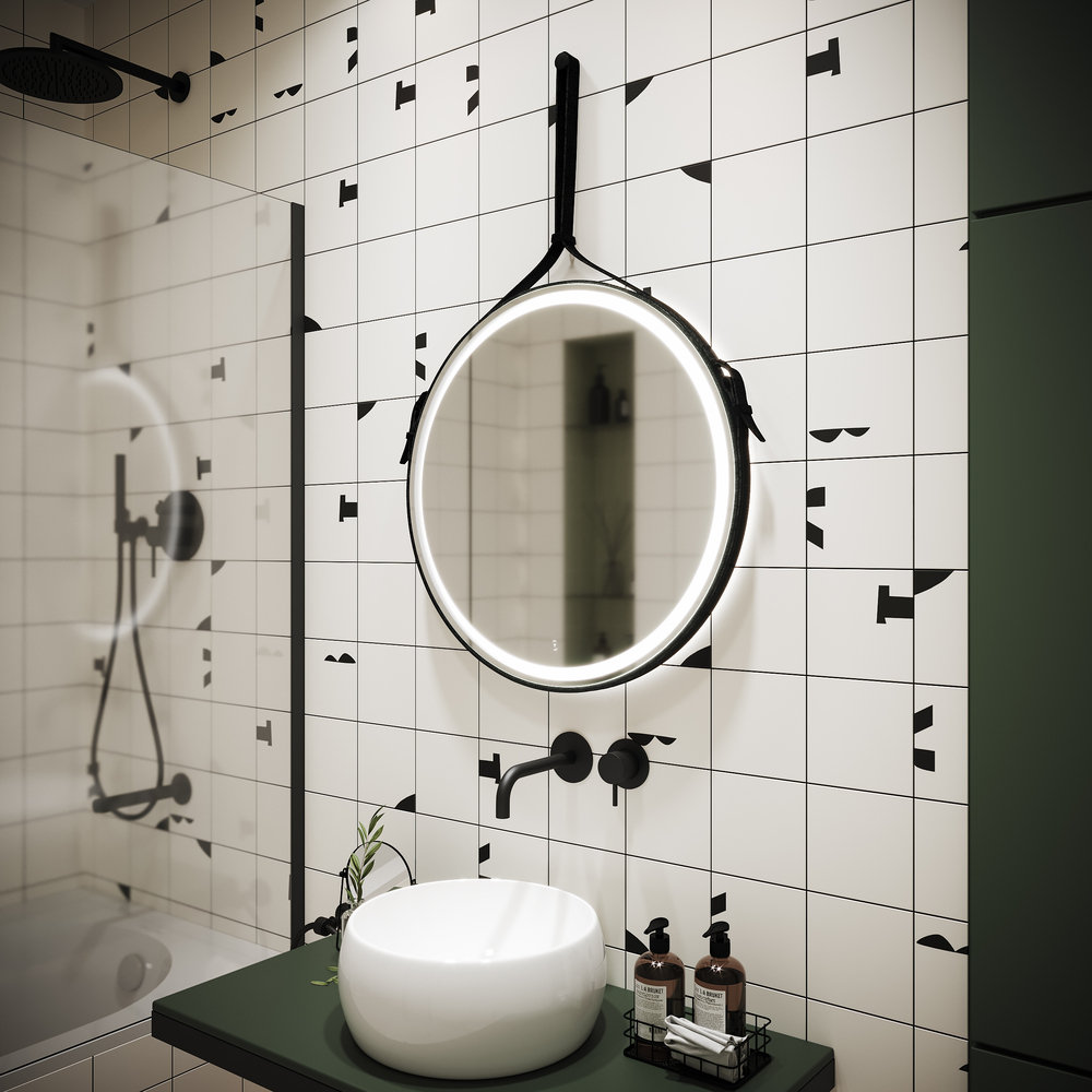 Зеркало для ванной комнаты  sancos dames d650 с подсветкой , ремень из натуральной черной кожи, арт. da650